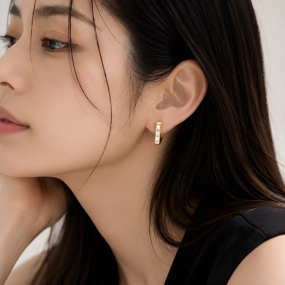 バゲットカットジルコニア スクエア フープピアス